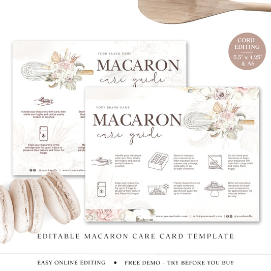 Editable Macaron Care Card, (2 sizes) DIY Edit Macaroon Care Template, Watercolor Whisk Macaron Guide, Printable Macaron Instructions VB-001
