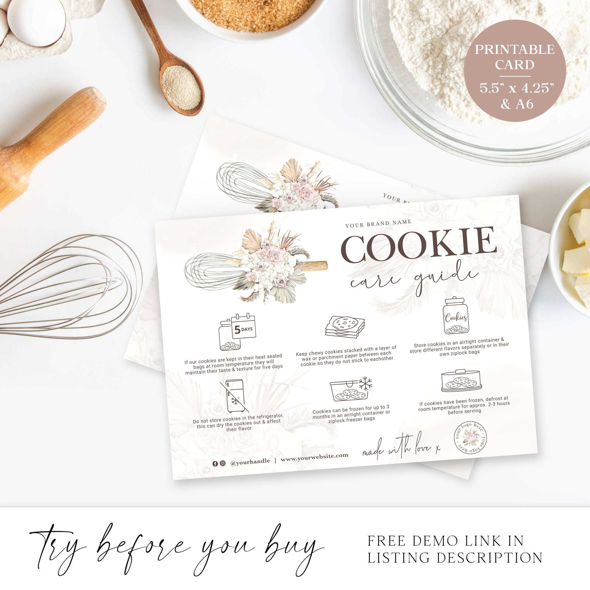 Editable Cookies Care Card, (2 Sizes) Printable Cookie Care Template, Watercolor Whisk Bakery Guide, Rustic Biscuit Care Instructions VB-001