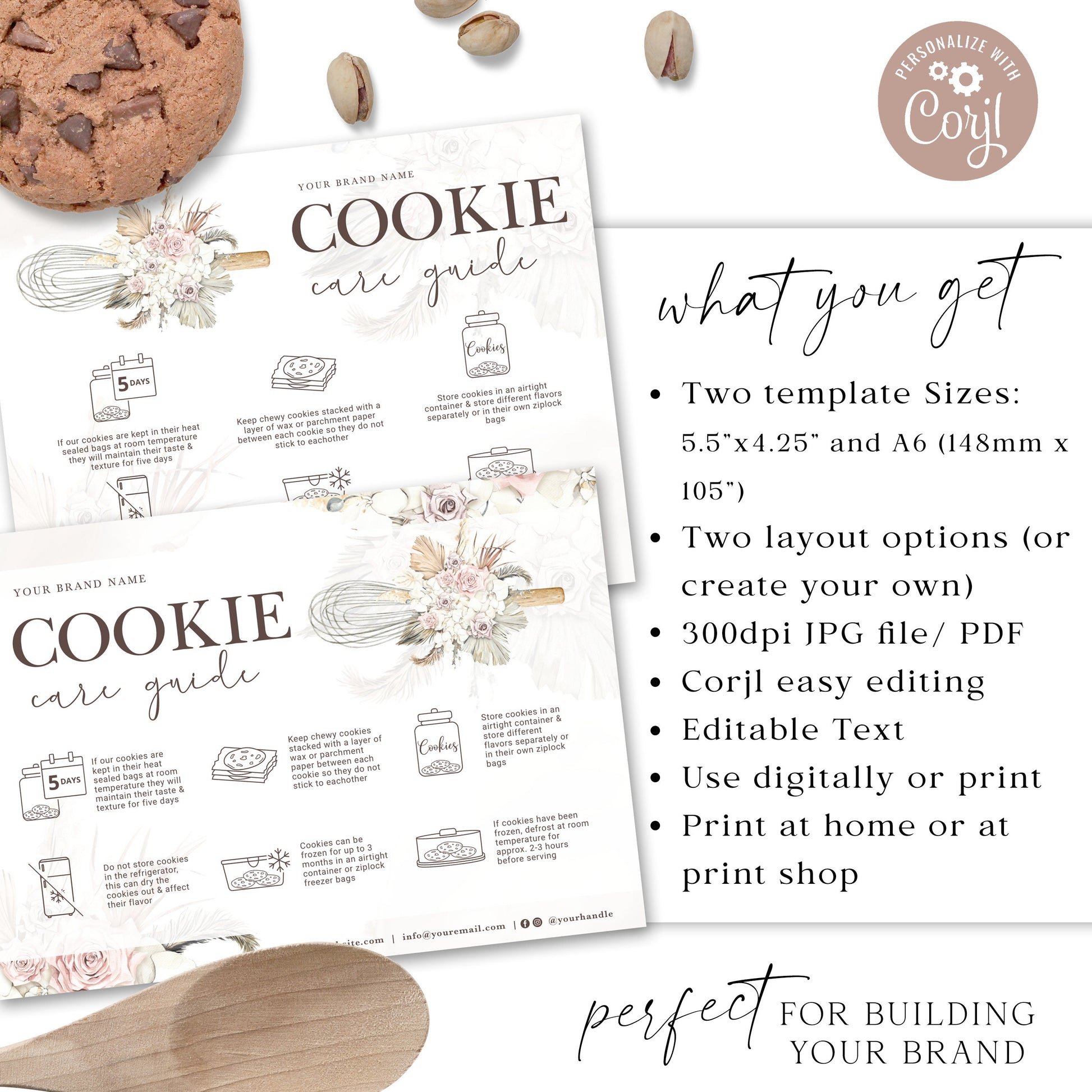 Editable Cookies Care Card, (2 Sizes) Printable Cookie Care Template, Watercolor Whisk Bakery Guide, Rustic Biscuit Care Instructions VB-001
