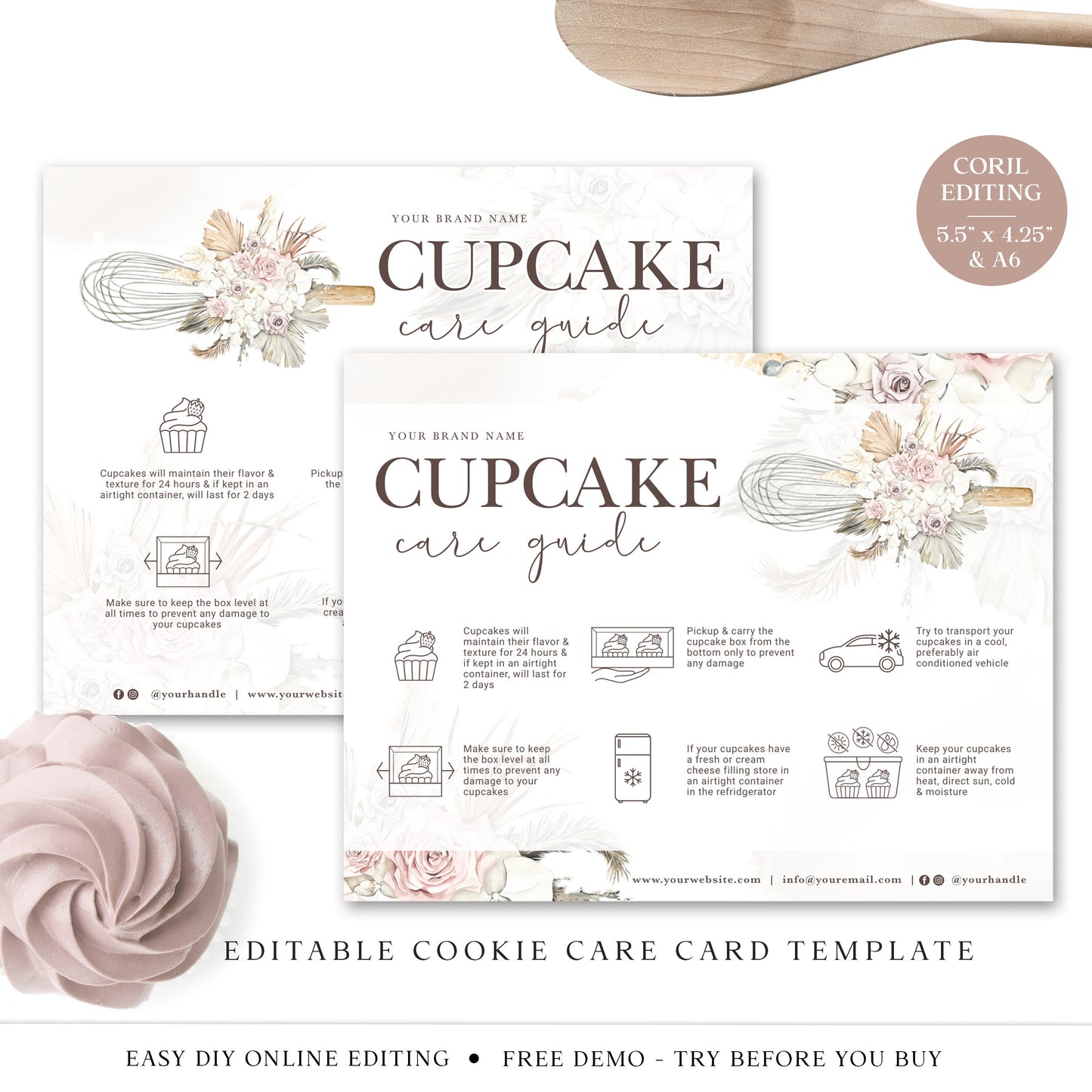 Editable Cupcake Care Card, (2 Sizes) Printable Cupcake Care Template, Watercolor Whisk Muffin Care Guide, Fresh Cupcake Instructions VB-001