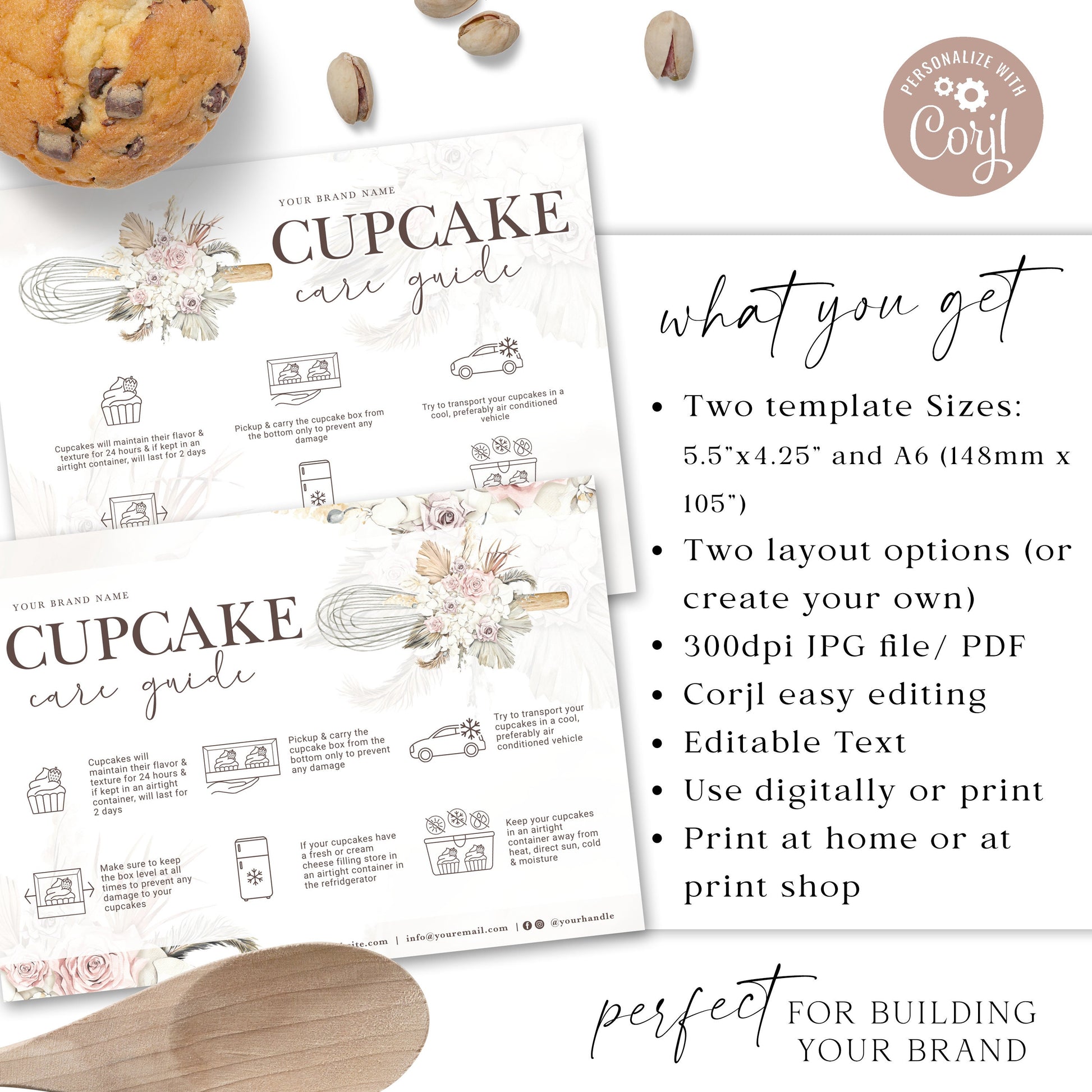 Editable Cupcake Care Card, (2 Sizes) Printable Cupcake Care Template, Watercolor Whisk Muffin Care Guide, Fresh Cupcake Instructions VB-001