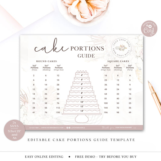 Editable Cake Portions Guide Template, (2 Sizes) Printable Tiered Cake Serving Size, Boho Floral Round & Square Cakes Size Diagram VB-001