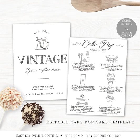 Cake Pop Editable Care Card (3 SIZES) Minimalist Printable Cakepop Care Guide, Farmhouse Rustic Cake Lollipop Instructions Template VB-002