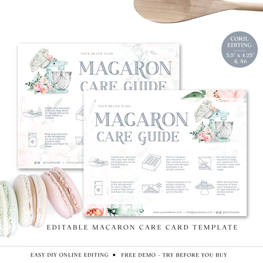 Editable Macaron Care Card, Printable Macarons Care Template, Watercolor Mixer Macaroons Care Guide, Macaron Transport Instructions JB-001