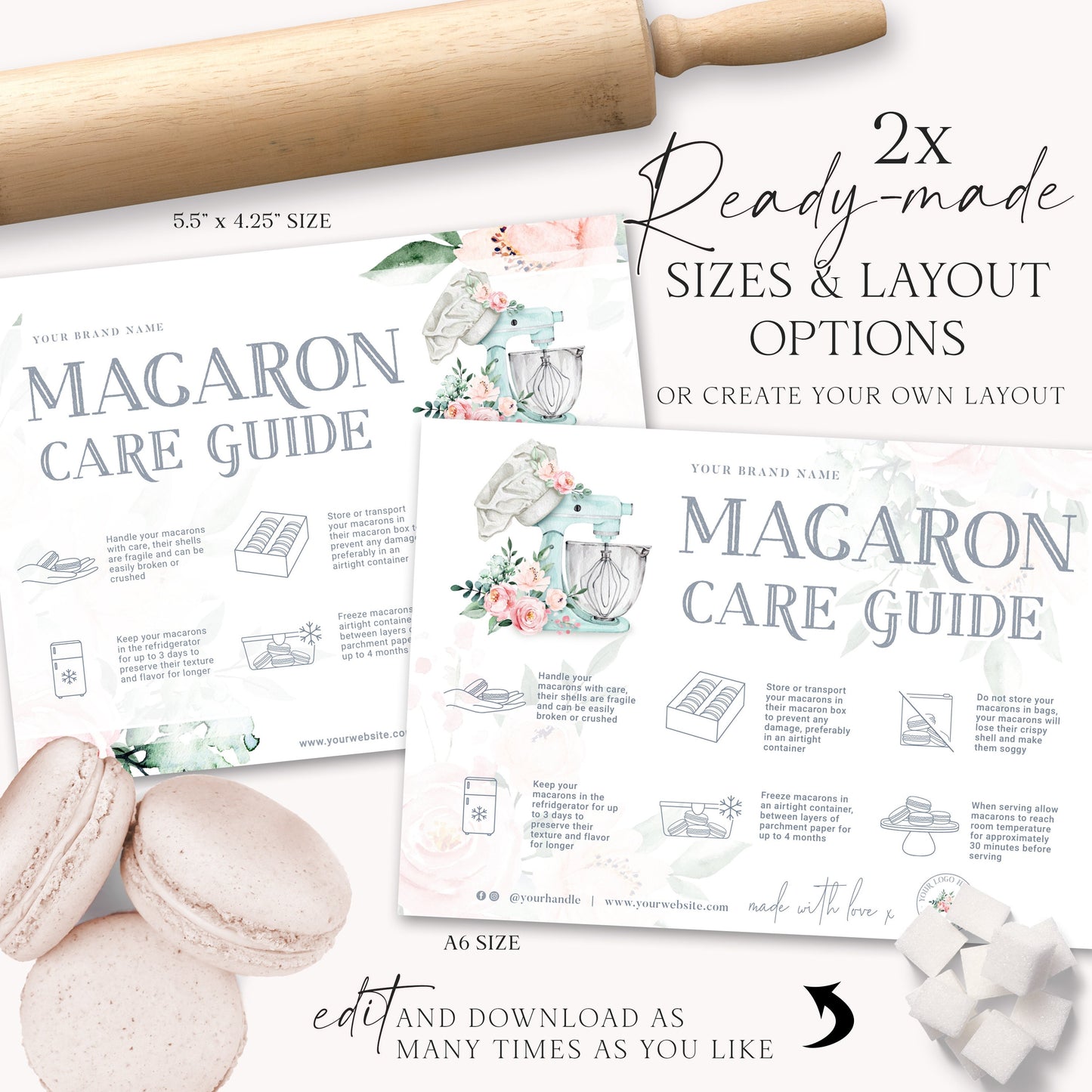 Editable Macaron Care Card, Printable Macarons Care Template, Watercolor Mixer Macaroons Care Guide, Macaron Transport Instructions JB-001