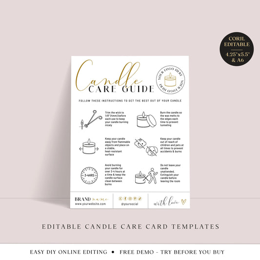 Candle Care Guide Editable Template, 2 Size Minimalist Candle Instructions Guide, Printable Candle Care Insert, Candle Safety Card BG-001