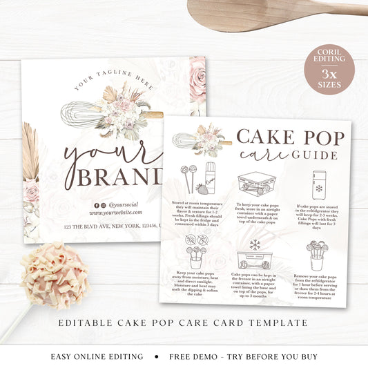 Cake Pop Care Card Editable Template, 3 Sizes Printable Square Cakepop Care, Boho Whisk Cake Care Guide, Cake Lolly Care Instructions VB-001