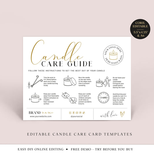 Candle Care Guide Editable Template, 2 Size Minimalist Candle Instructions Guide, Printable Candle Care Insert, Candle Safety Card BG-001