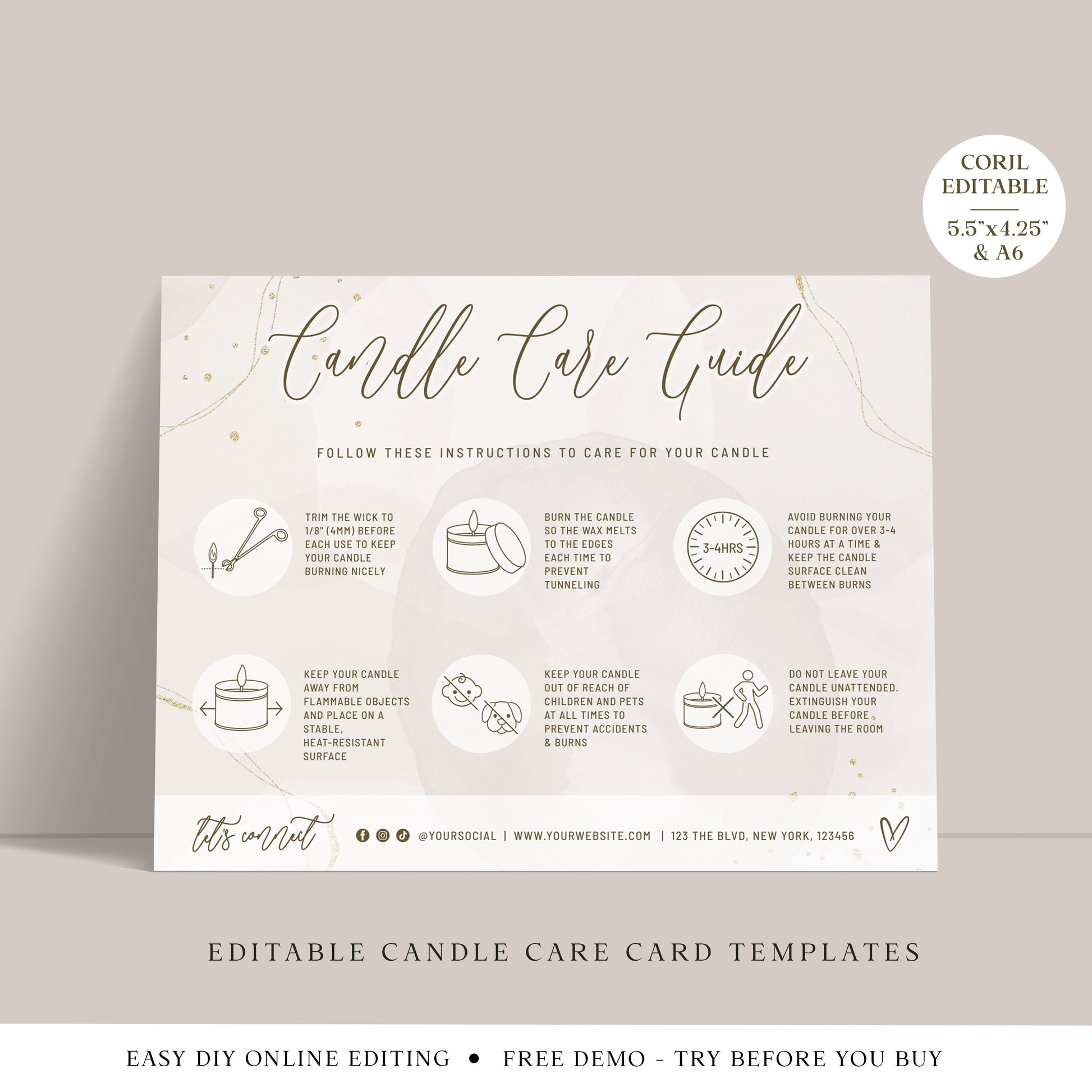 Candle Care Card Editable Template, Pretty Abstract Candle Instructions Guide, Printable Candle Care Insert, Candle Safety Card AB-002