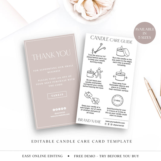 Editable Candle Care Card Template, 5 Sizes Minimalist DIY Edit Candle Safety Guide Card, Printable Candle Tin Care Instructions SD-002