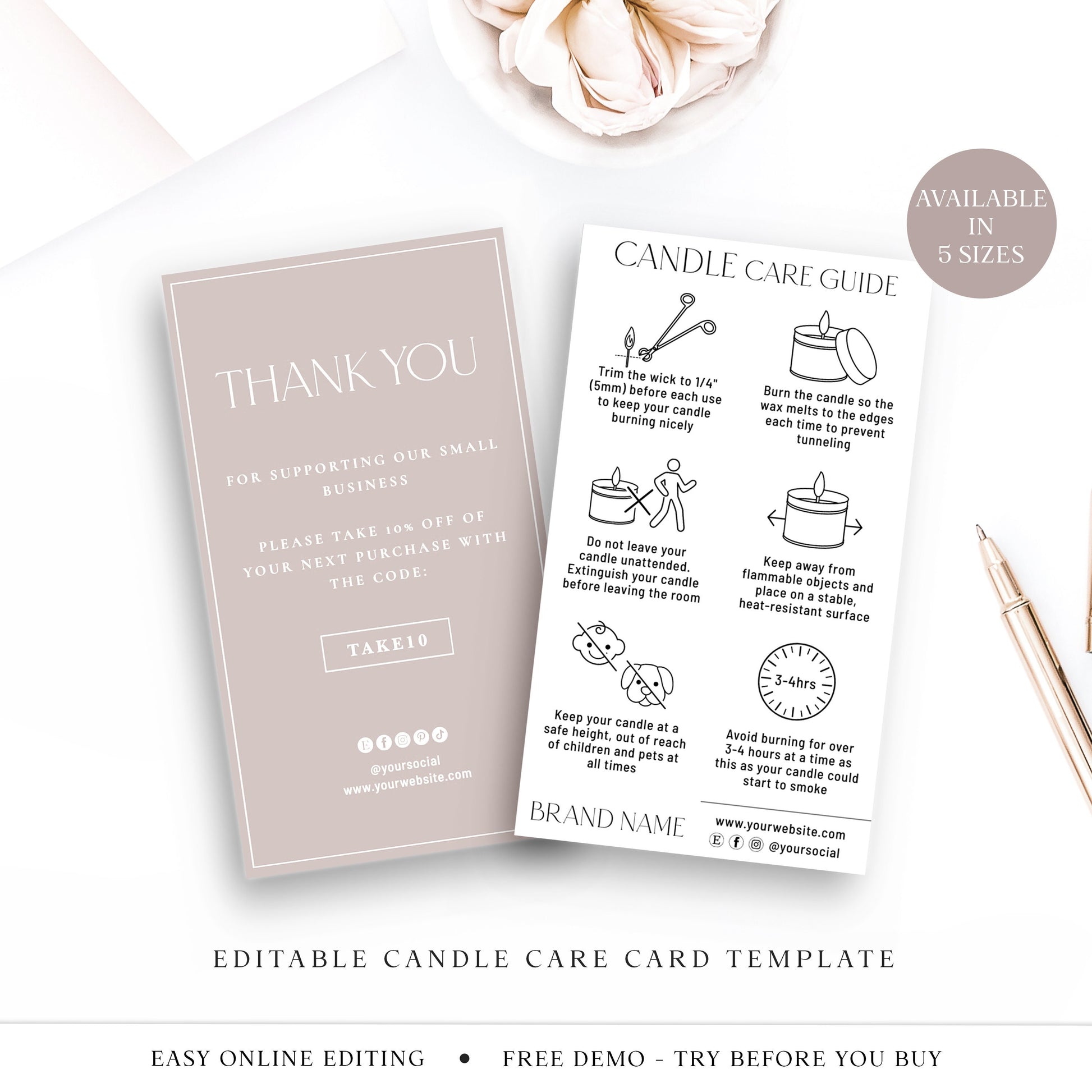 Editable Candle Care Card Template, 5 Sizes Minimalist DIY Edit Candle Safety Guide Card, Printable Candle Tin Care Instructions SD-002