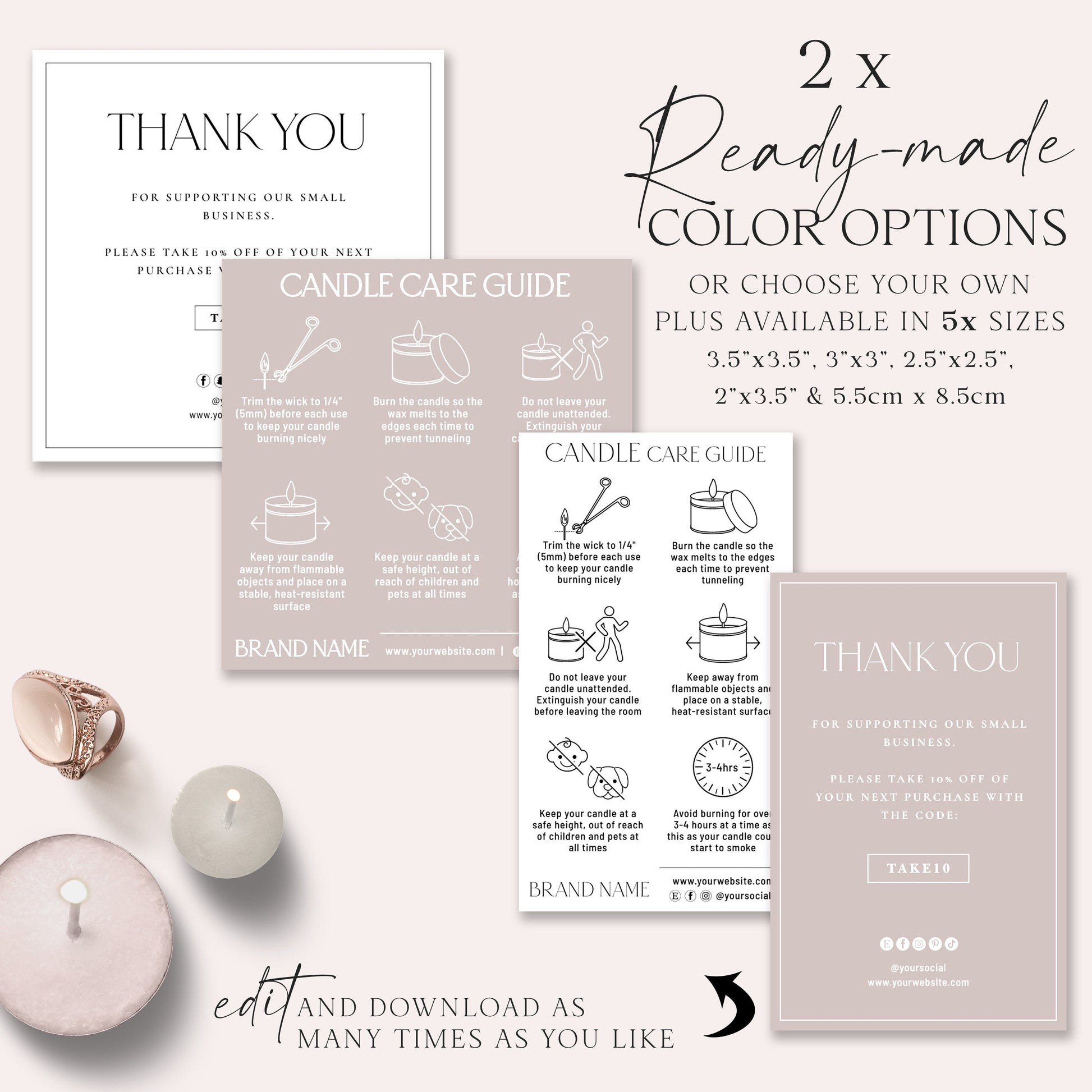 Editable Candle Care Card Template, 5 Sizes Minimalist DIY Edit Candle Safety Guide Card, Printable Candle Tin Care Instructions SD-002