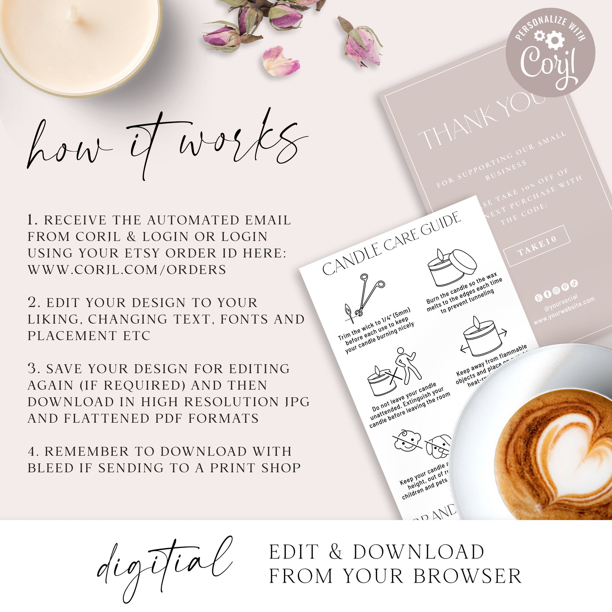 Editable Candle Care Card Template, 5 Sizes Minimalist DIY Edit Candle Safety Guide Card, Printable Candle Tin Care Instructions SD-002