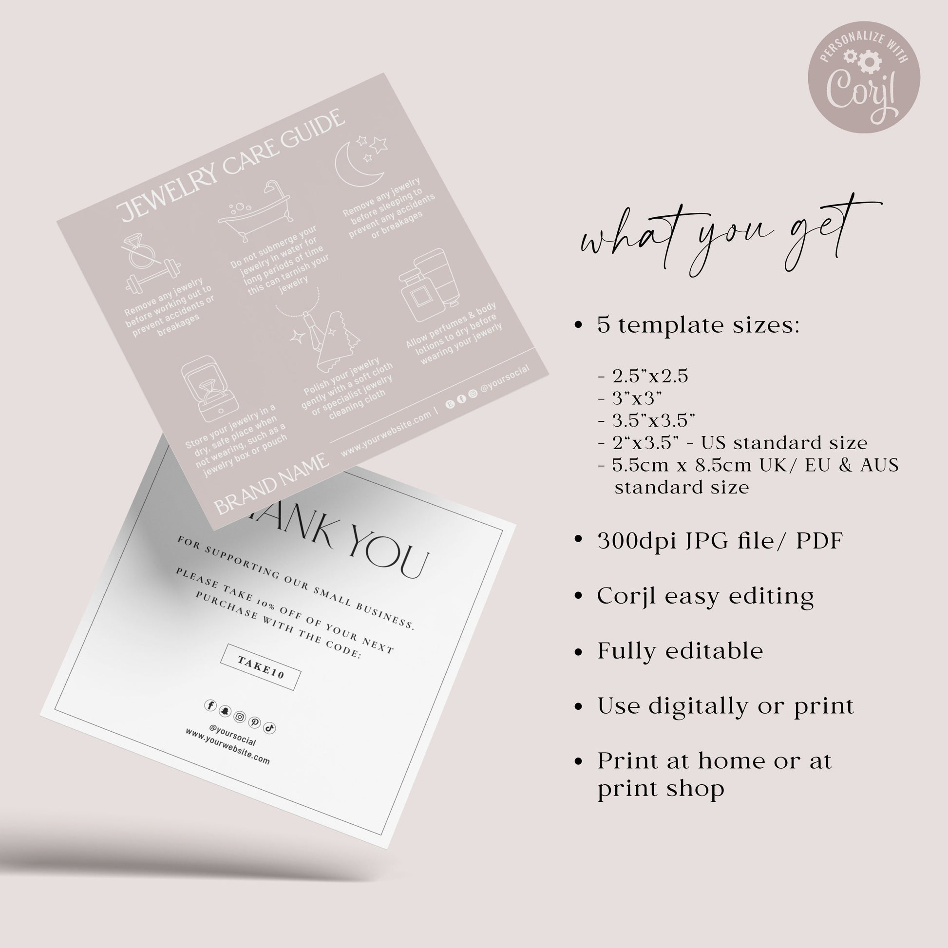 Jewelry Care Guide Editable Template, 5 Sizes Minimalist DIY Edit Jewellery Care Guide Card, Printable Square Care Instructions SD-002