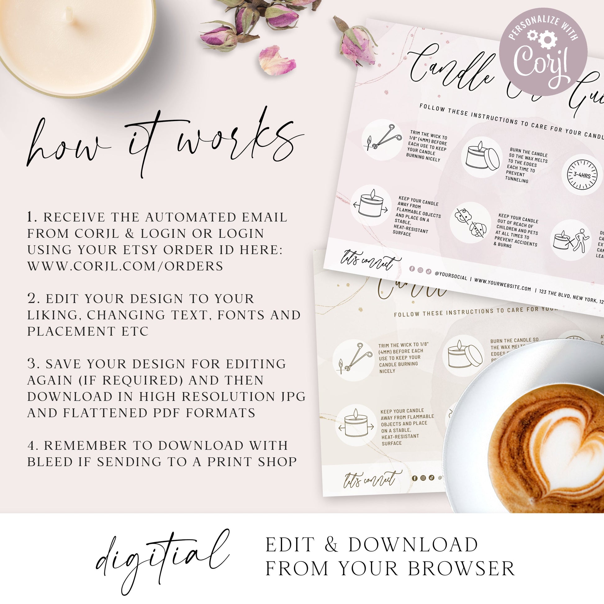 Editable Candle Care Card, Printable Candle Care Template, Pink Watercolor  Candles Care Guide, Candle Safety Card Design, Instant, PW-001