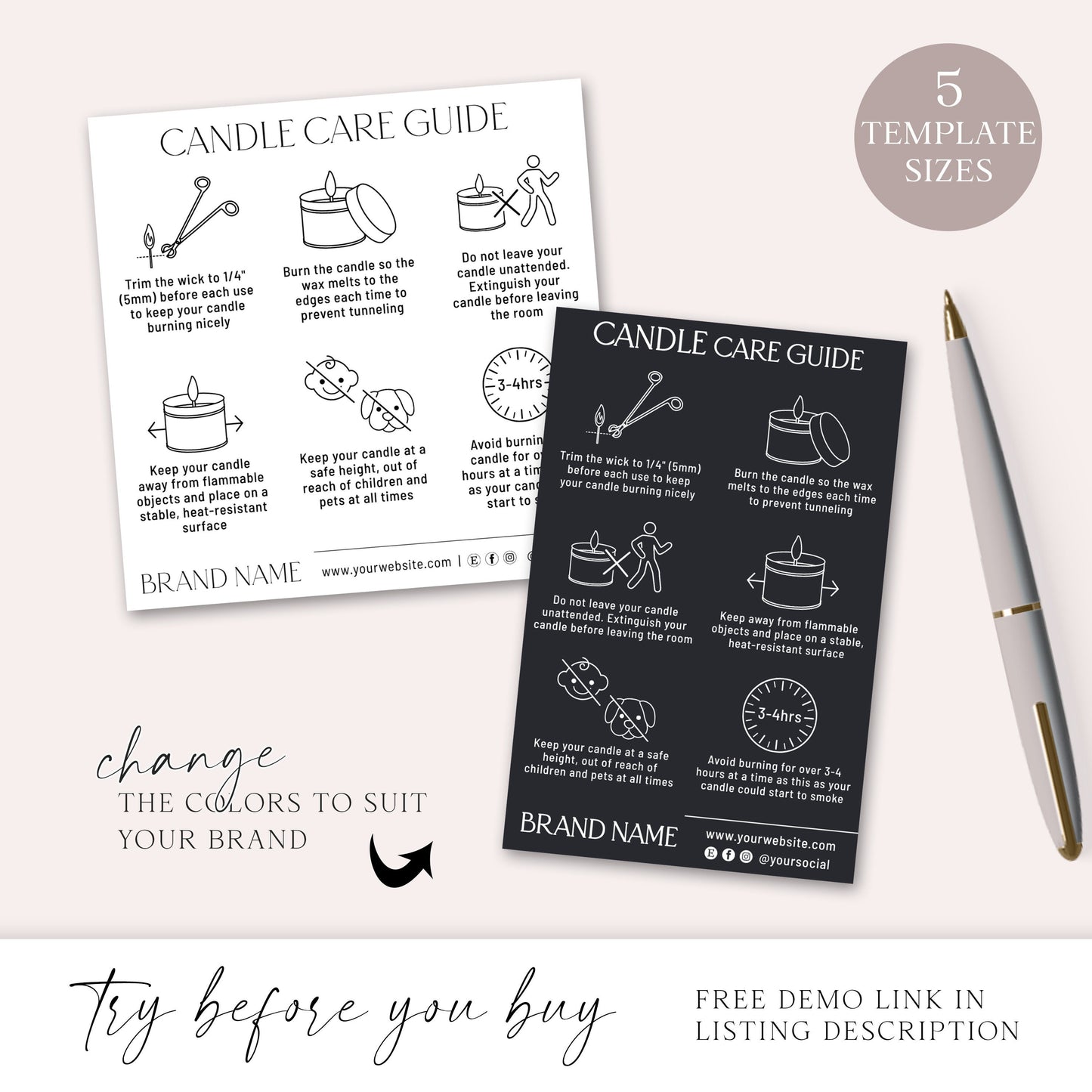 Editable Candle Care Card Template, 5 Sizes Minimalist DIY Edit Candle Safety Guide Card, Printable Candle Tin Care Instructions SD-002