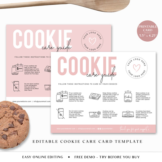 Editable Cookie Care Card, Printable Biscuit Care Template, Minimalist Cookie Care Guide PD-001