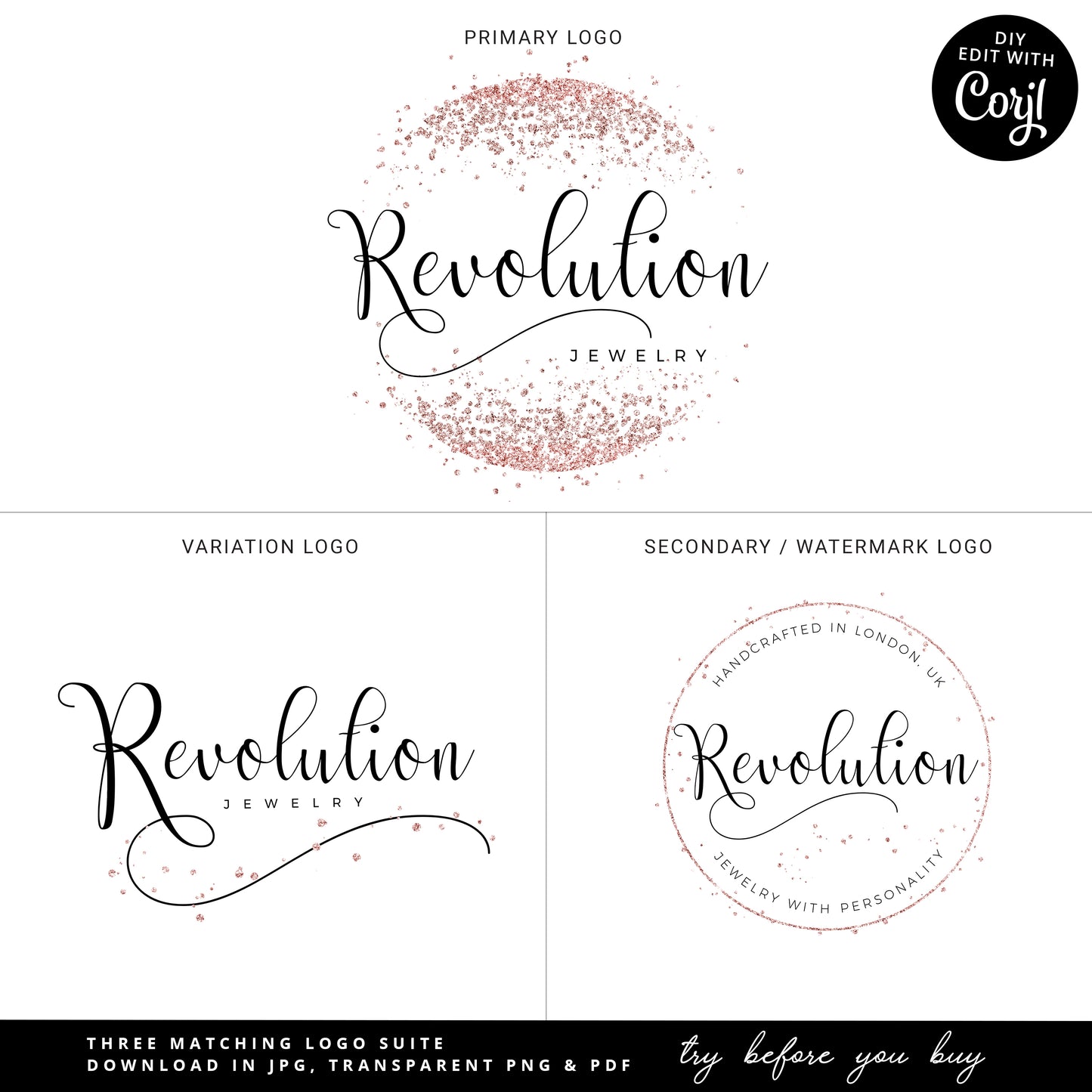 DIY Premade 3 x Logo Suite Rose Gold Glitter Sparkling Branding Kit Package RJ-001